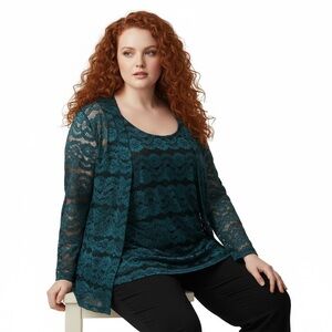 Catherines Dark Teal Floral Lace Layered 2-Piece Duet Top Plus Size 5X